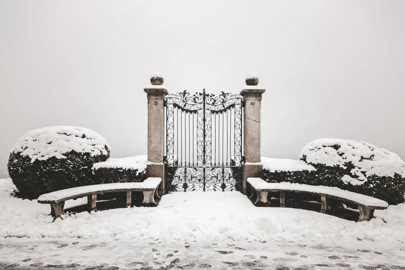 Ornamental double iron gate hung between stone piers, snow banked against the hedges on either side